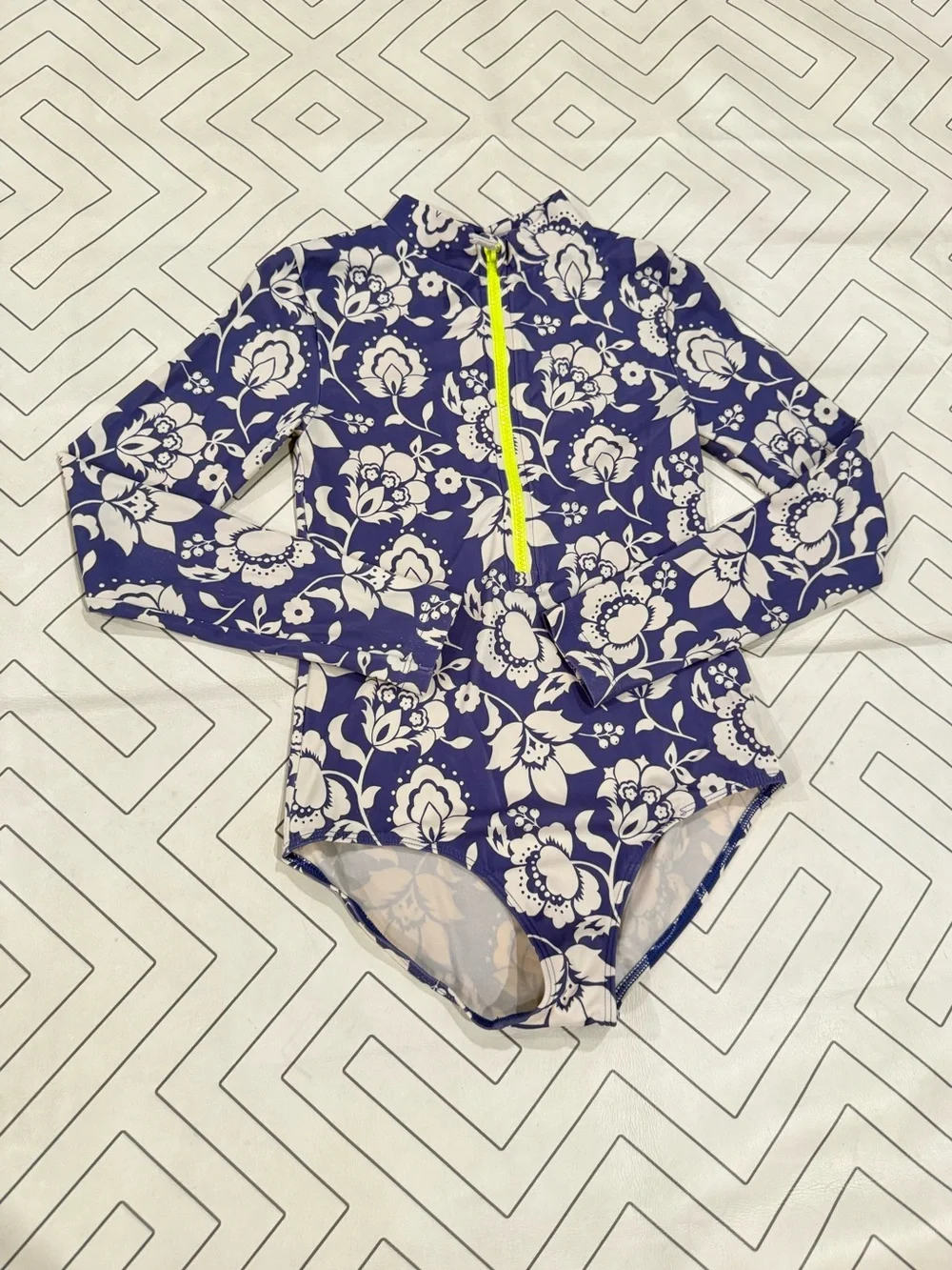 Boden Long-Sleeve Floral Zip Front Swimsuit - Blue/White